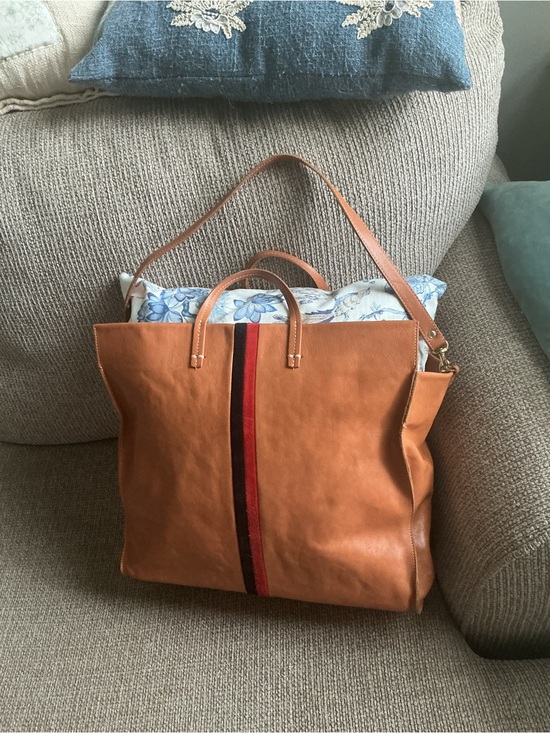 Clare V Handbags - Clare V Tan Leather Tote with Red and Brown Stripe